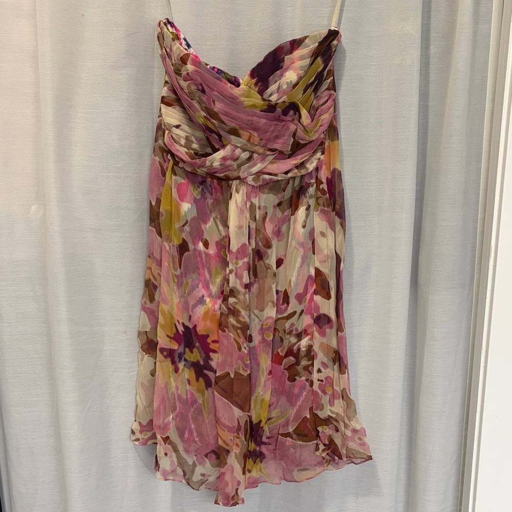 (D10) Guess by Marciano Floral Pink Chiffon Strapless Dress PTP 14-15”, 18”Lgth